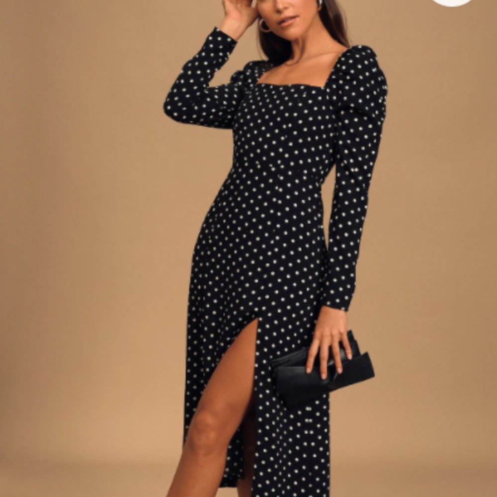 Charmed and Classy Black Polka Dot Long Sleeve Midi Dress